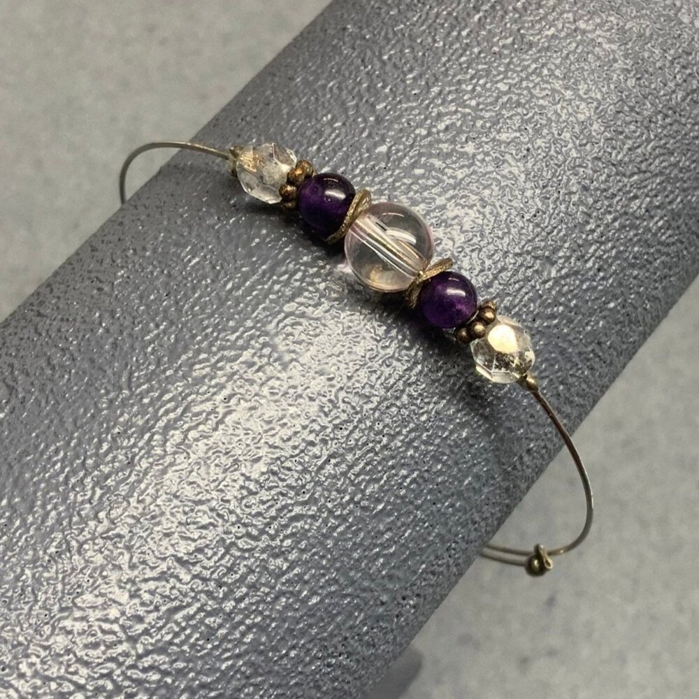 Memory Wire Bracelet 3 In Purple Crystal Silver Retro Vintage Bohemian Dainty